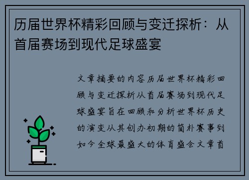 历届世界杯精彩回顾与变迁探析：从首届赛场到现代足球盛宴